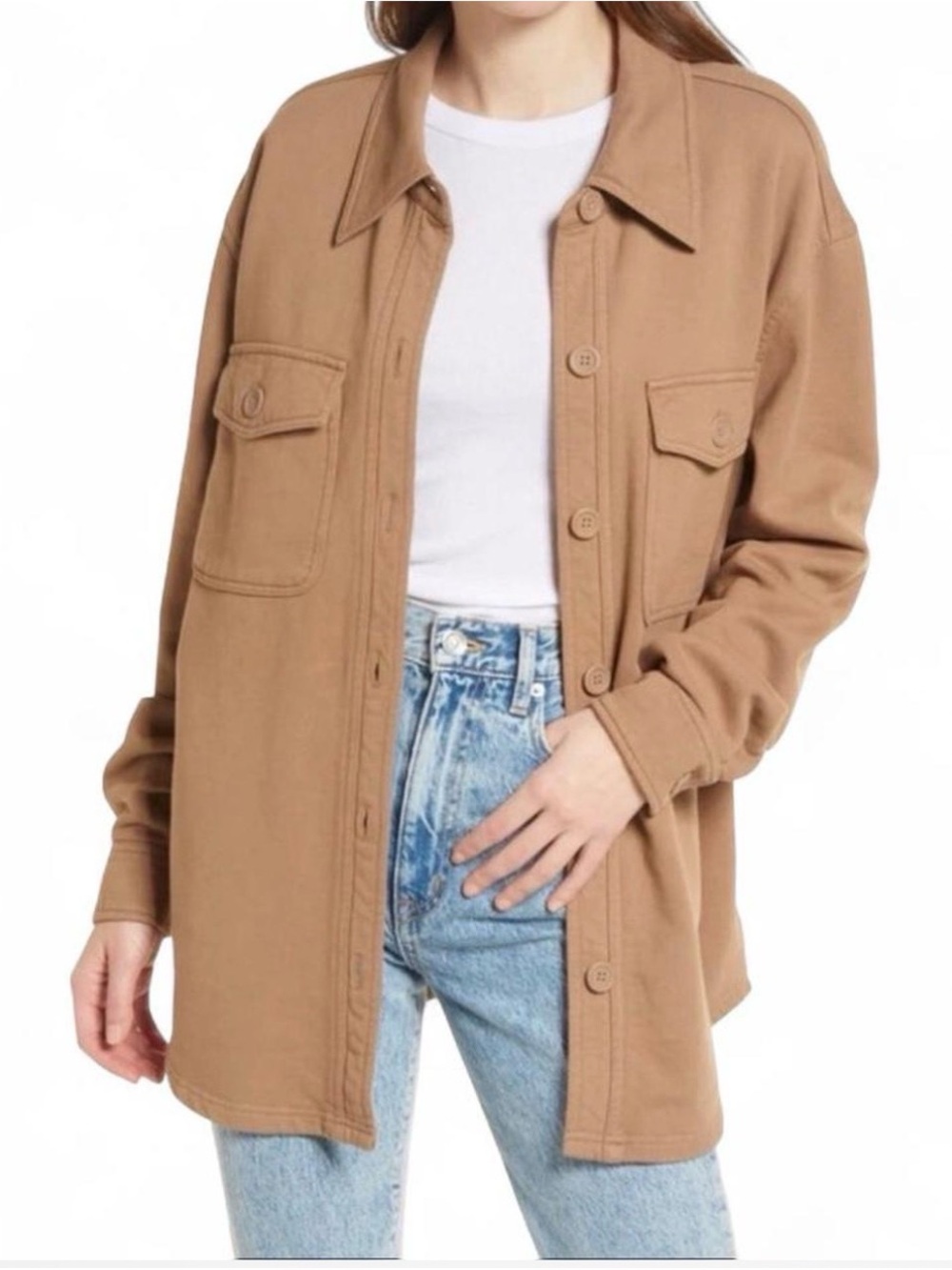 GOOD AMERICAN Women’s Cotton Utility Shacket Sz 3/4 L/XL Brown GUC